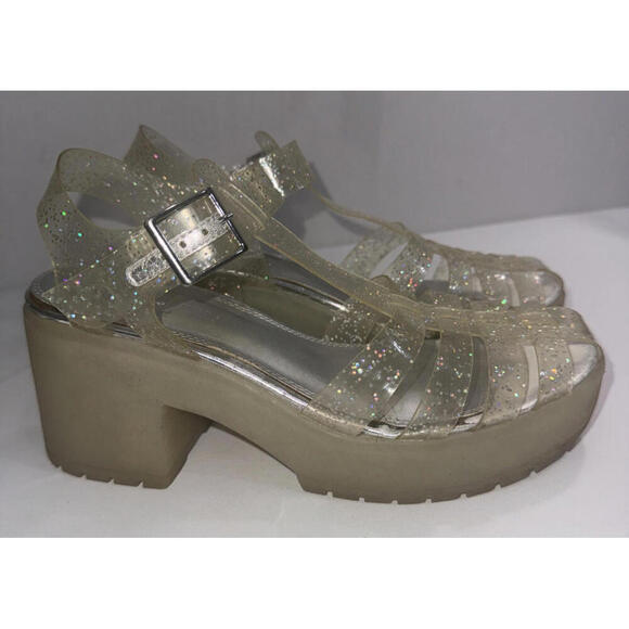 Asos Chunky Y2K 90s Clear Silver Glitter Platform Jelly Heel Clogs Sandals 7 - Picture 2 of 14